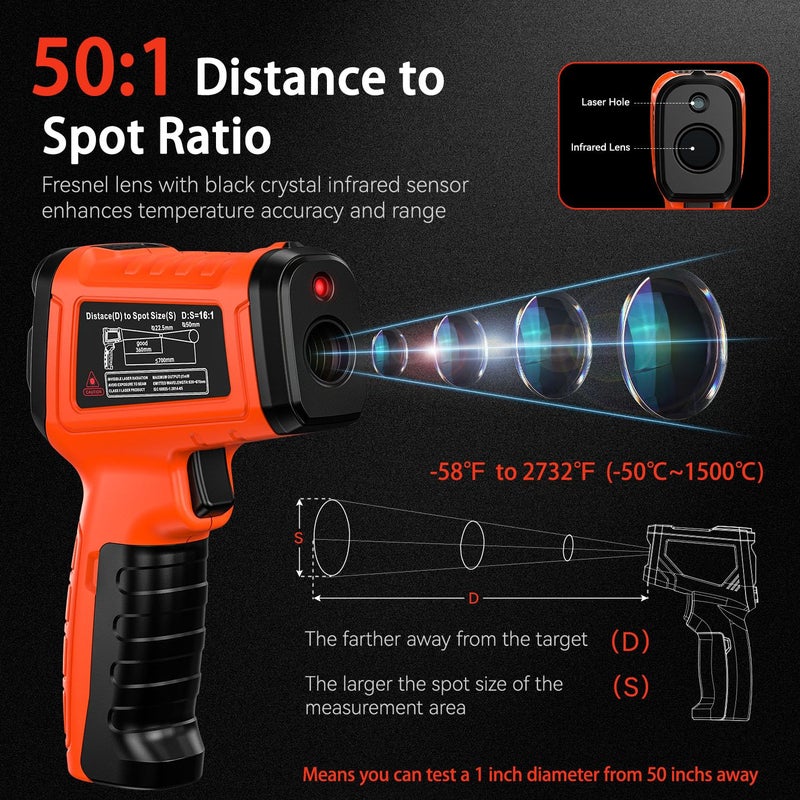 SURPEER -58°F to 2732°F Infrared Thermometer IR Laser Gun 50:1, Digital Temperature Gun/K-Type Probe -4°F~932°F, Humidity Sensor, High-Temp Pyrometer for Kiln, Forge, Furnace, Industrial Use - Image 1